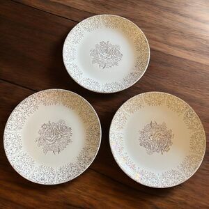 Vintage Golden Heirloom Rose Shabby Chic Floral Plates Lot Of 3 22Kt Made In USA